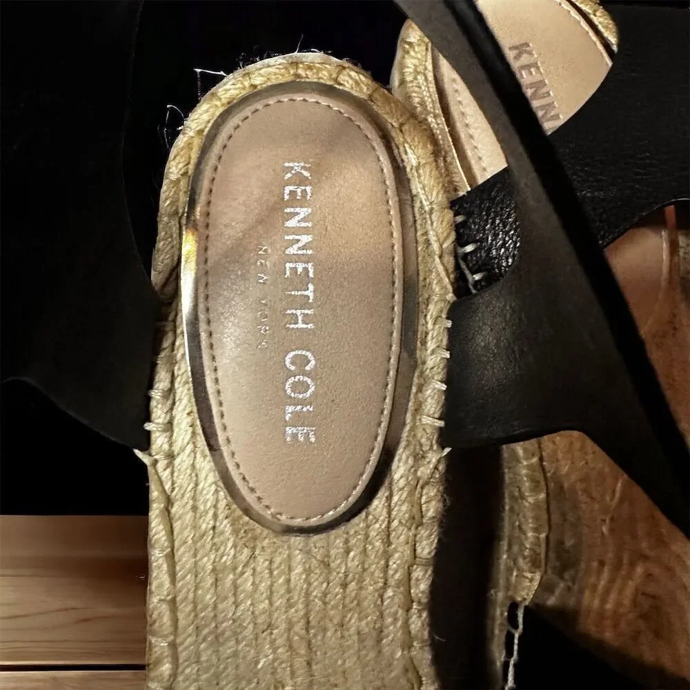 Kenneth Cole NY Olivia Black Cross Strap Leather Wedge Sandals Buckle Closure
